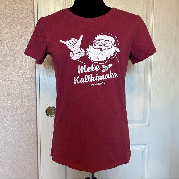 Life is Good Burgundy"Mele Kalikimaka" Christmas Santa Tee Shirt Top Size XS - Picture 1 of 6